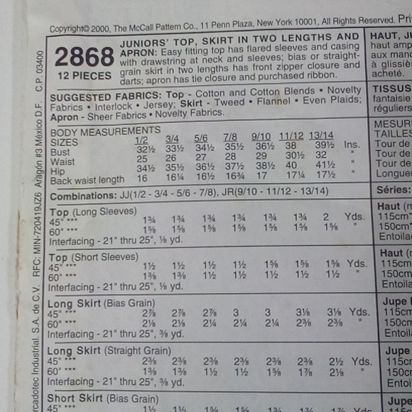 2/$15 Y2K McCalls 2868 NY NY Junior Sewing Pattern 023795286824 ©2000 - Picture 4 of 6